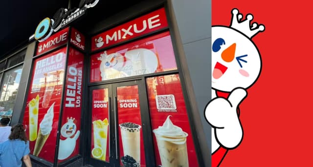 Exterior of Mixue’s new retail storefront on Hollywood Boulevard in Los Angeles, featuring bright red signage announcing “Hello Los Angeles” and “Opening Soon.” The space marks Mixue’s first West Coast location and second U.S. store.